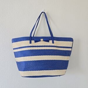 New Kate‎ Spade Wicklow Court  Anabette Striped Straw Tote Bag Beige Azure Blue